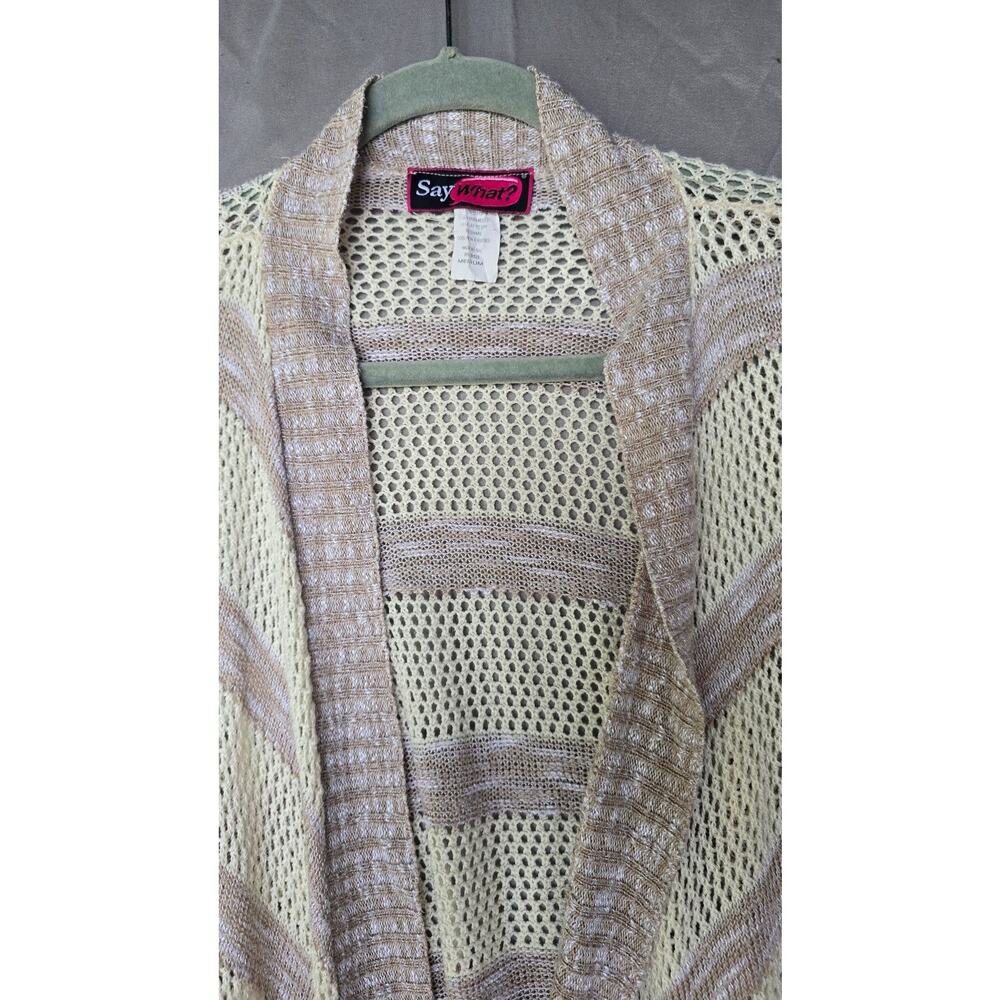 Say What? Cardigan Sweater Juniors Medium Beige Stripe Open Knit Long Sleeve - Picture 3 of 8